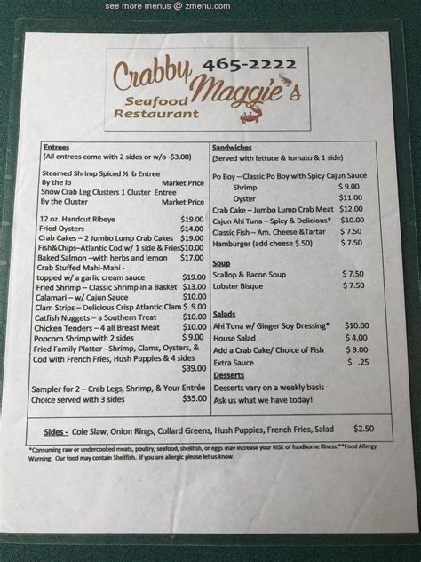 Had steak, terrible, fatty ,tough and way overpriced. . Crabby maggies menu